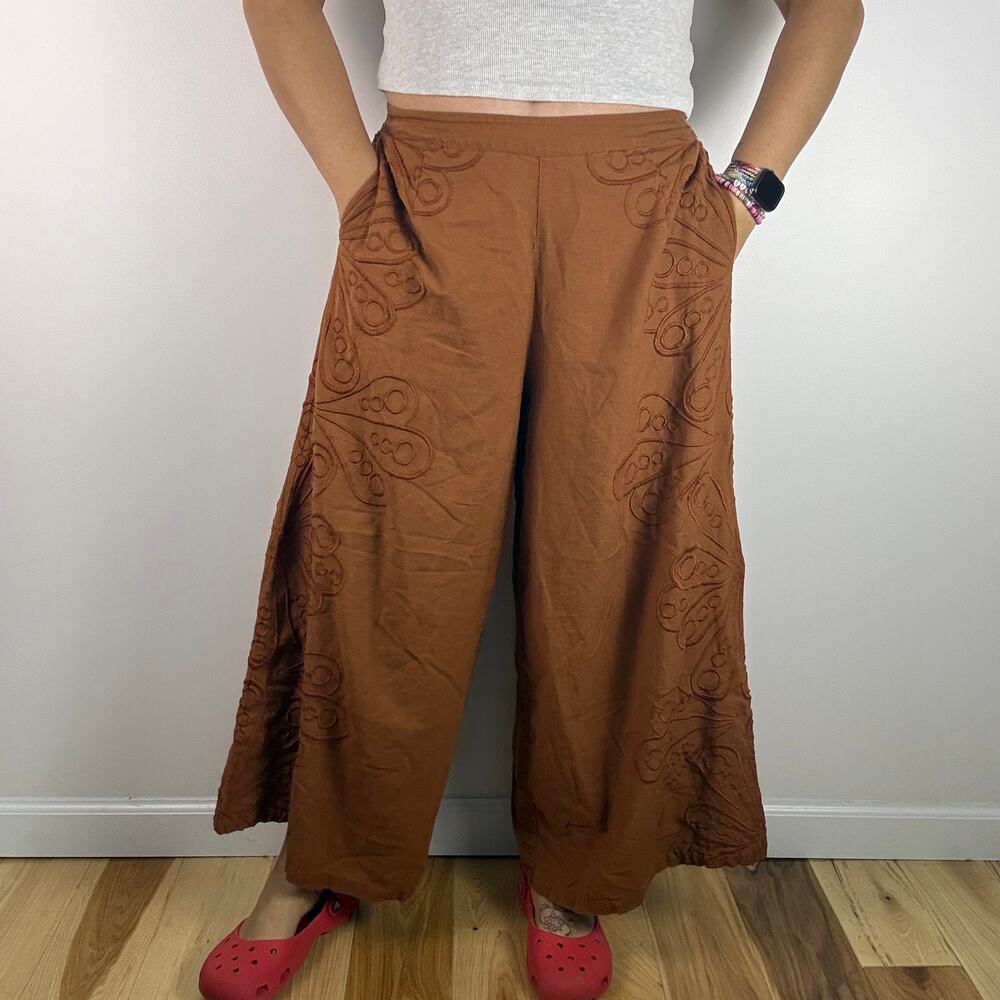 Ollari Stella Linen Blend Embroidered Pants cropped wide leg size Large